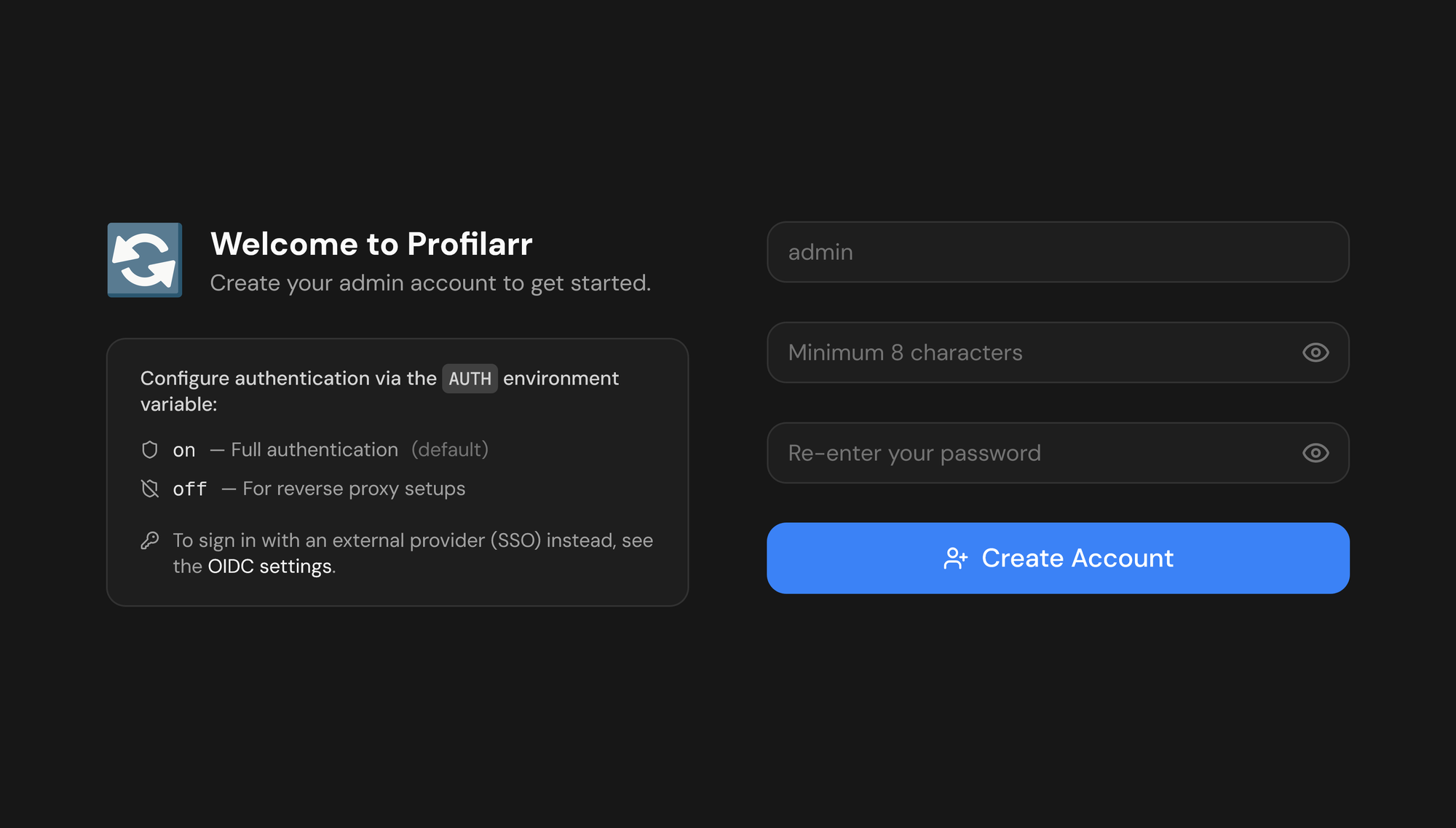 Profilarr's first-run setup page, with fields for a username, a password, and the password again